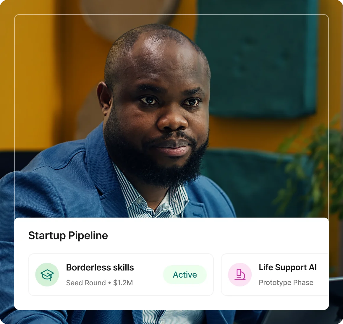 A health innovation leader beside a startup pipeline dashboard