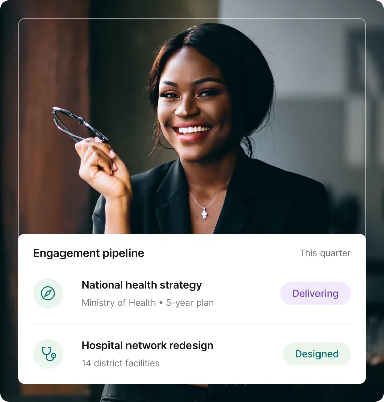 Digital health consultant with an engagement pipeline showing health strategy and hospital redesign projects
