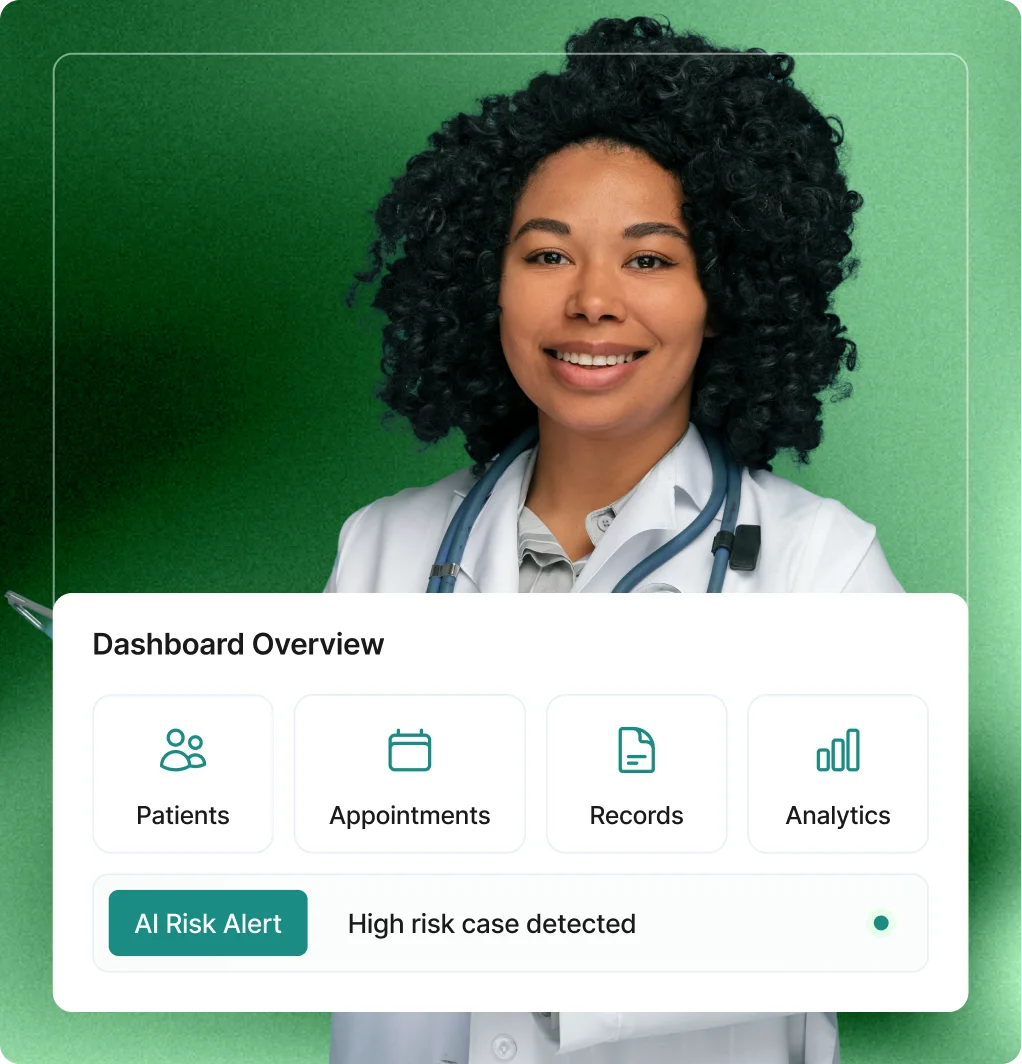 Healthcare professional with a digital health dashboard overview