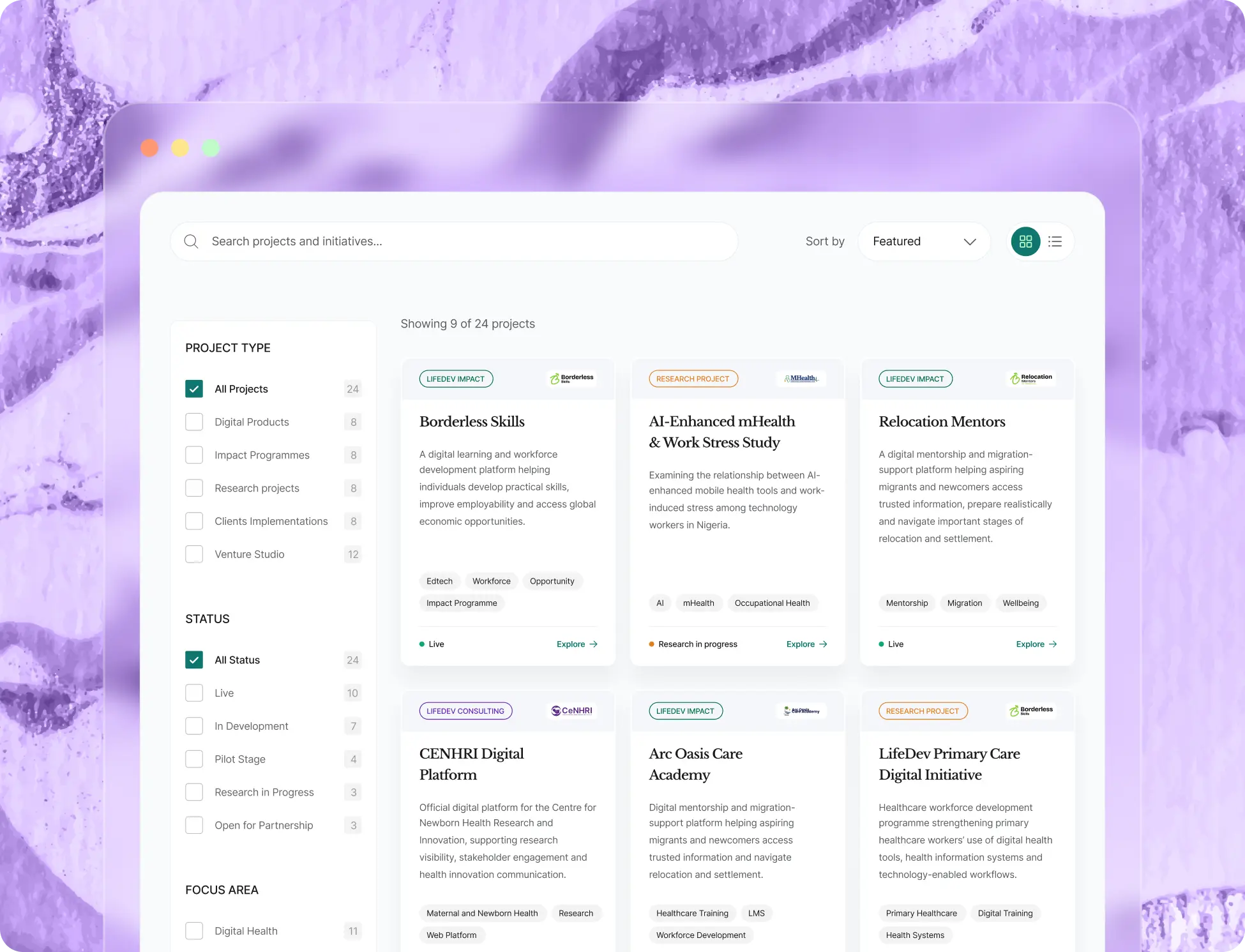 LifeDev project directory showcasing digital products, research, and community initiatives